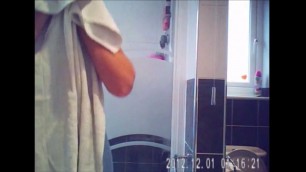 Watch her take a shower - hot floppy tits and body (SIL)
