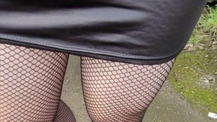 Squirt through fishnets in public. Walk and wank outdoors.