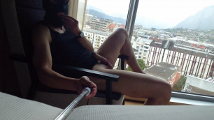 Fooling around in the hotel room and cum at window