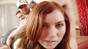 Young brunette gets fucked doggy style while sucking a second stud's pole