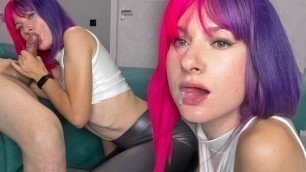 Pink-Haired Beauty Passionately Sucks and Cum Swallow